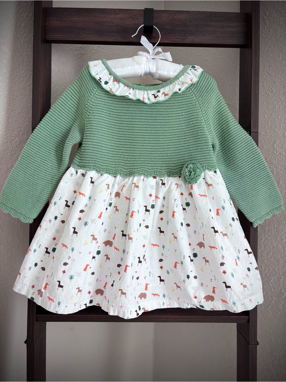 Caramel Green Knit Bodice Dress with Woodland Print Skirt